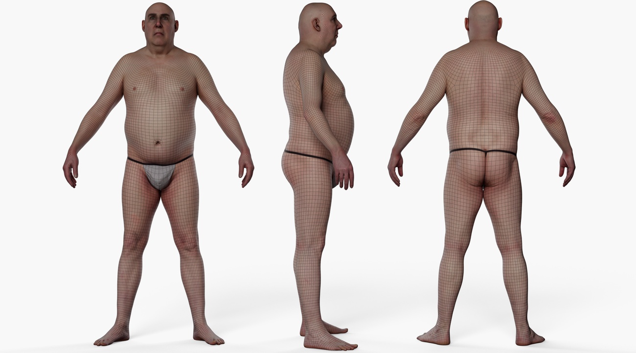 Wireframe topology overlay on a heavy-set male 3D body scan showing clean quad mesh edge loops